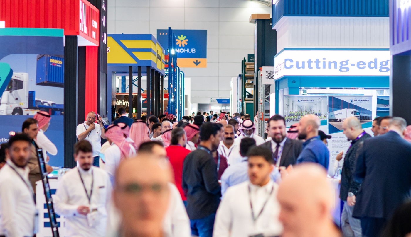 Saudi Warehousing and Logistics Expo at Riyadh exhibition hall showcasing logistics, supply chain, and warehouse solutions